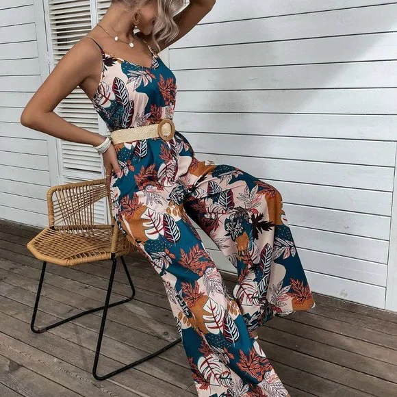 New Tropical Print Shirred Wide Leg Cami Jumpsuit Handmade - Picture 5 of 6
